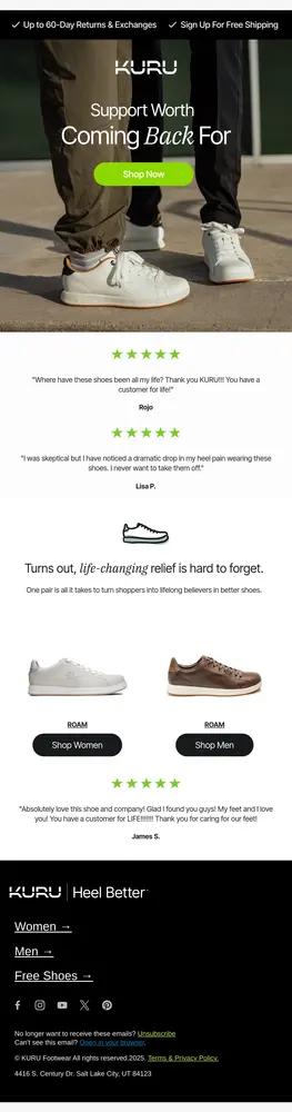 KURU email ad featuring sneakers, customer reviews, and "Shop Now" buttons for men's and women's shoes.