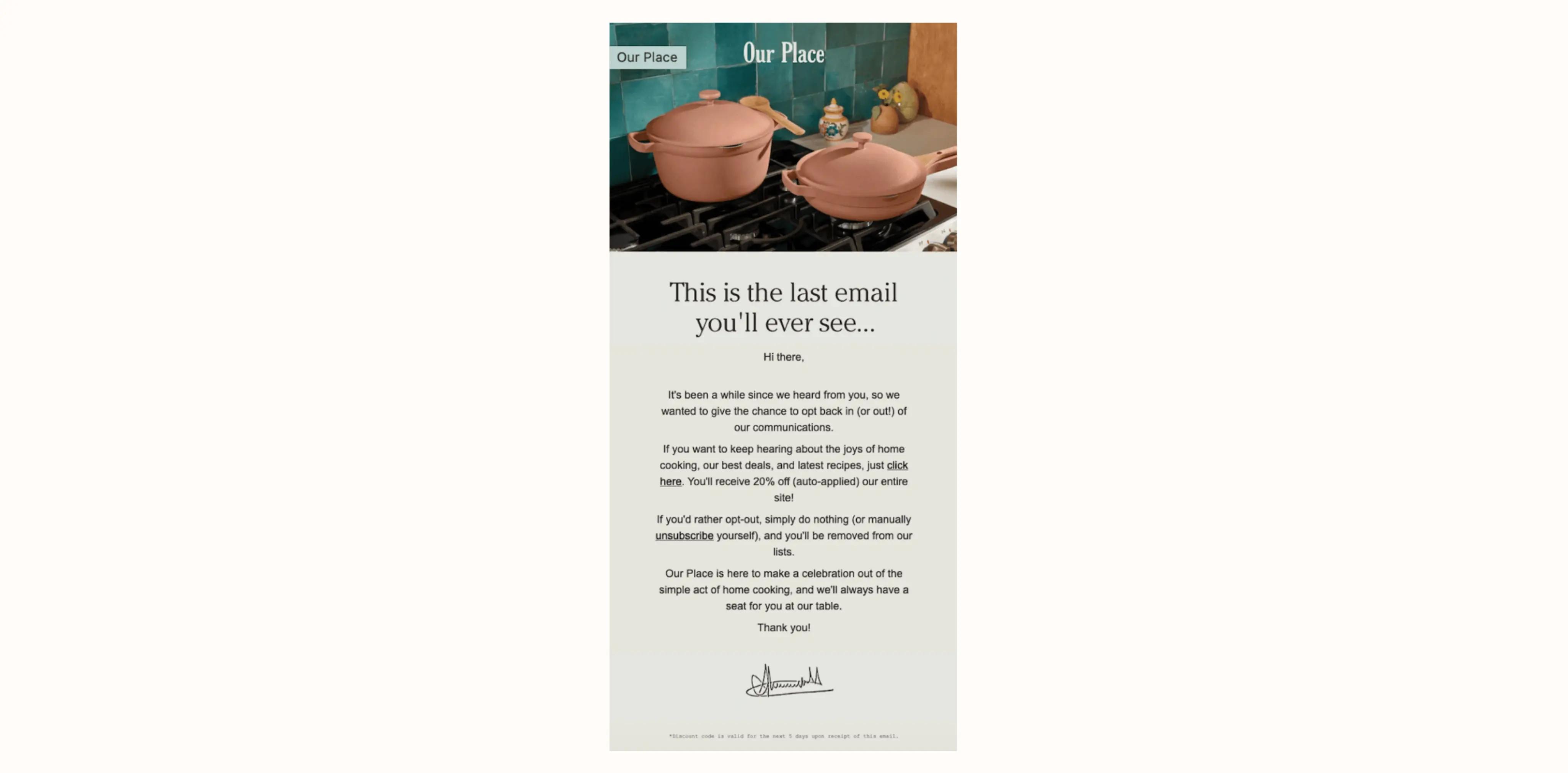 Image shows a win-back email from cookware brand Our Place which contains a discount and directly asks the reader whether or not they want to continue receiving marketing communications.