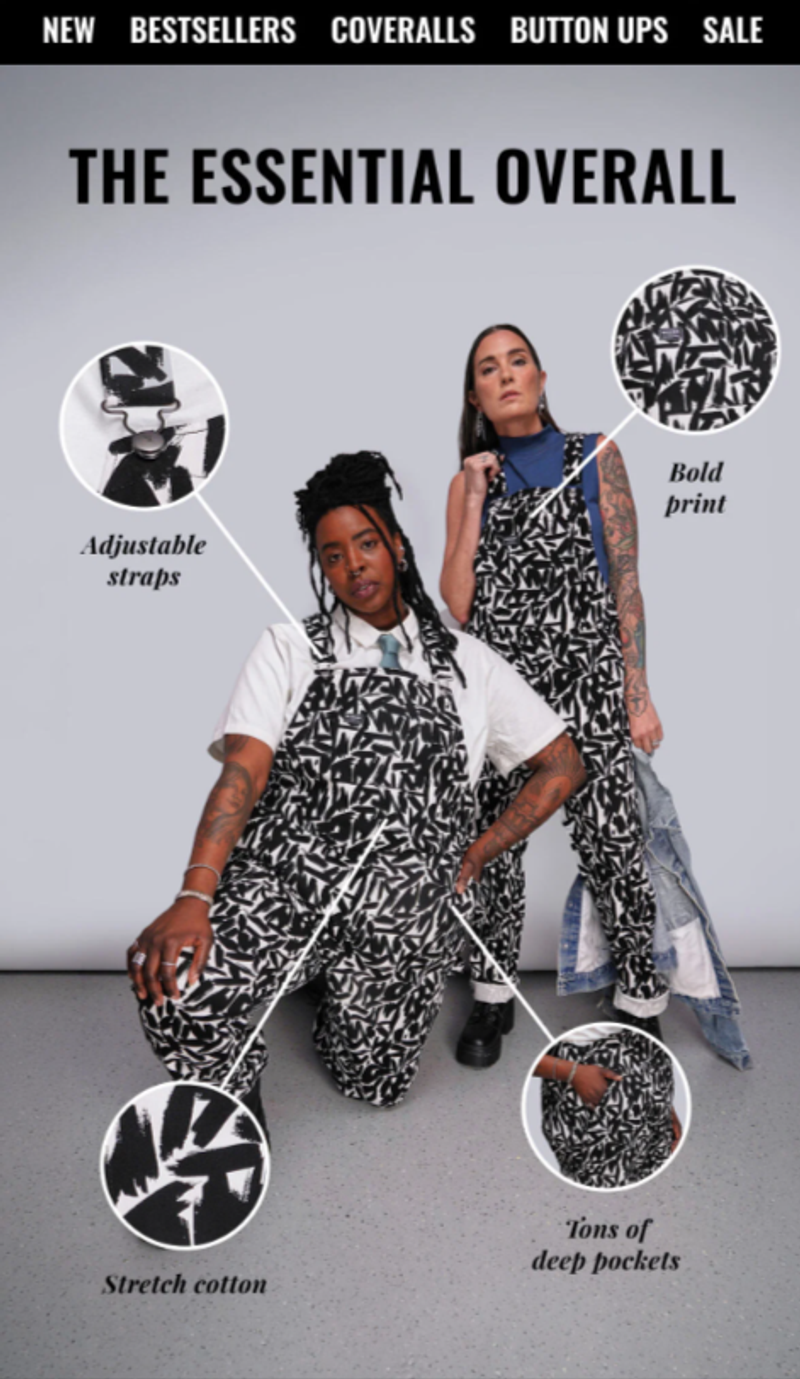 A photo of two models wearing Wildfang overalls in a black-and-white print, posing in front of a gray backdrop. The model on the right is standing, and they have tanned skin, long dark hair, and a full sleeve tattoo on their right arm; besides the overalls, they are wearing a blue tank top and holding a jean jacket dangling from their right hand. The model to the left is posing on one knee, and they have dark skin and dark hair gathered in a half ponytail of dreads. Besides the overalls they are wearing a white dress shirt with a blue tie and silver jewelry on their left hand. There are 4 circles around the models, each containing different close-up shots of the overalls. Each circle highlights a feature: adjustable straps, bold print, stretch cotton, and tons of deep pockets. Above the image, a headline reads, “The essential overall.”