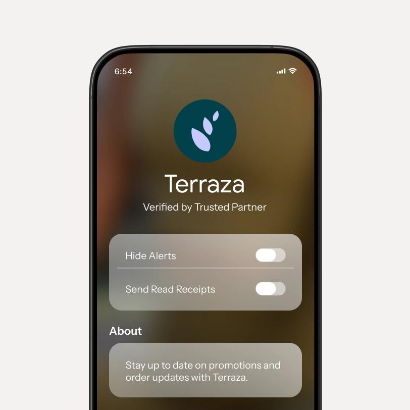 Smartphone screen showing Terraza verified messaging settings for alerts and read receipts.