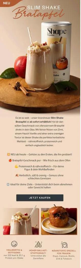 Slim Shake Bratapfel-Werbung mit Bild eines Shakes, Apfel, Zimtstangen und Produktbeschreibung. Button: "JETZT KAUFEN".