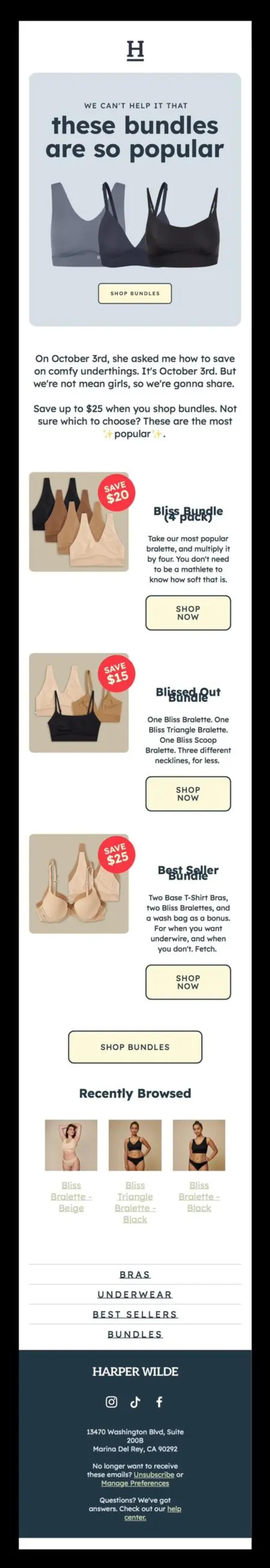 Image shows a long email screenshot featuring bras and bralettes of various colors, mostly beige and black. Across three product shots are red sticker graphics indicated savings of different amounts, from $15 to $20.