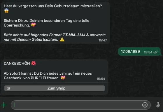 WhatsApp-Chat mit Geburtstagsanfrage und PURELEI-Geschenkangebot. Enthält Datumseingabe und Shop-Link.