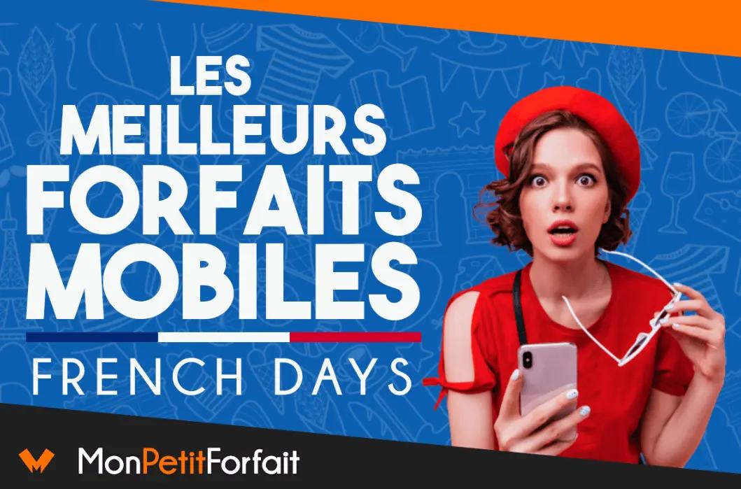 Visuel promotionnel des French Days pour MonPetitForfait. À gauche, texte en blanc sur fond bleu indiquant "LES MEILLEURS FORFAITS MOBILES - FRENCH DAYS", avec une barre tricolore bleu-blanc-rouge en dessous. À droite, une femme habillée en rouge, portant un béret et une expression surprise, tient un smartphone et une paire de lunettes blanches. En bas, logo "MonPetitForfait" sur fond noir.