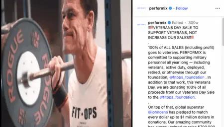 Image shows an Instagram post with a close up of John Cena, a light-skinned person with dark hair, performing a squat exercise at a bar with a 25-pound plate on one side. Cena is wearing a white t-shirt that says, “FitOps,” and there is a long caption to the right of the image.