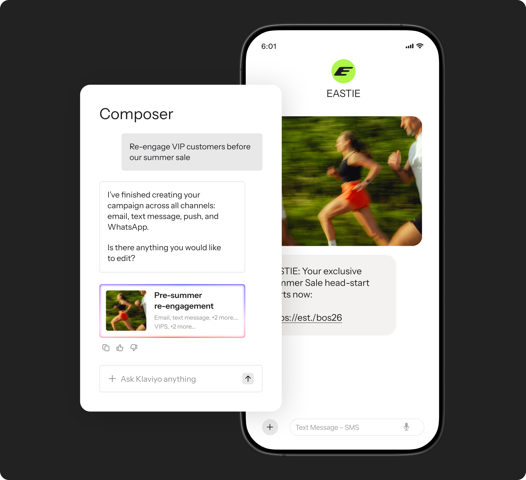 A "Composer" campaign creation interface for multi-channel marketing, like email and SMS, displayed over a smartphone showing an ad for "EASTIE" with runners.