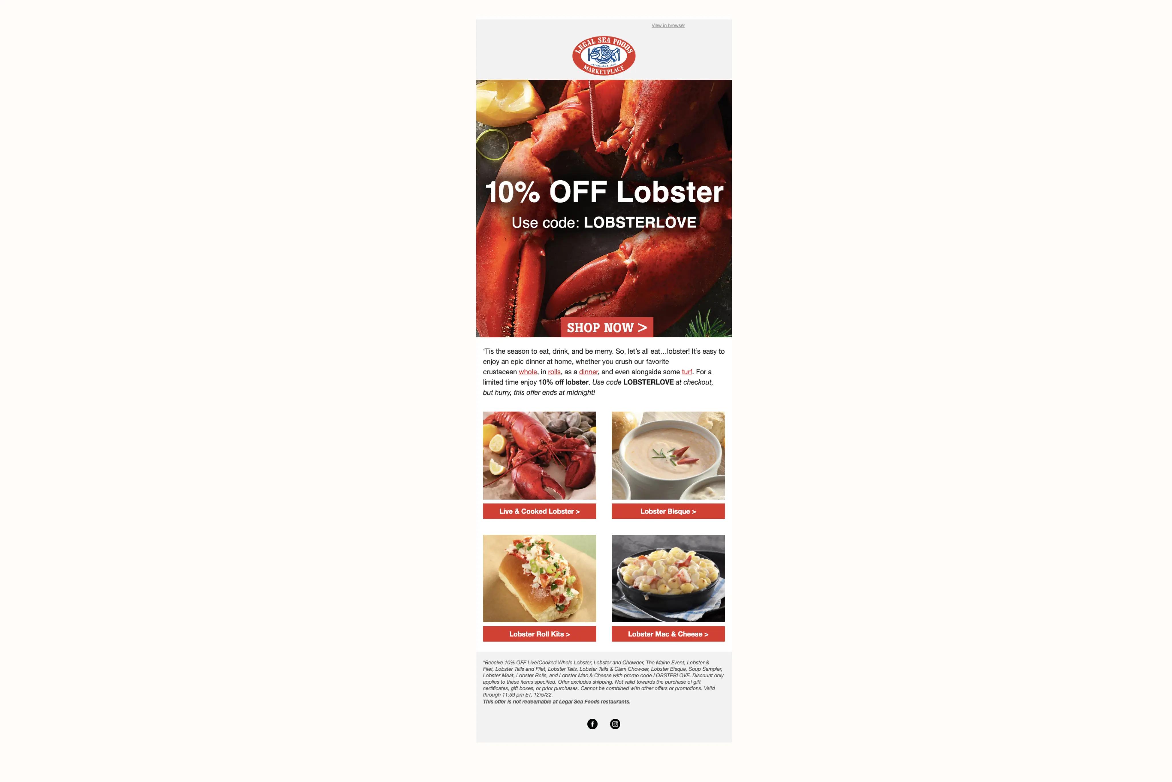 Image shows a promotional email from Legal Sea Foods advertising “10% OFF lobster” with the code LOBSTERLOVE. The red “shop now” CTA appears at the bottom of a close-up photo of mouth-watering lobster. The rest of the email contains clickable recipes for various lobster dishes.