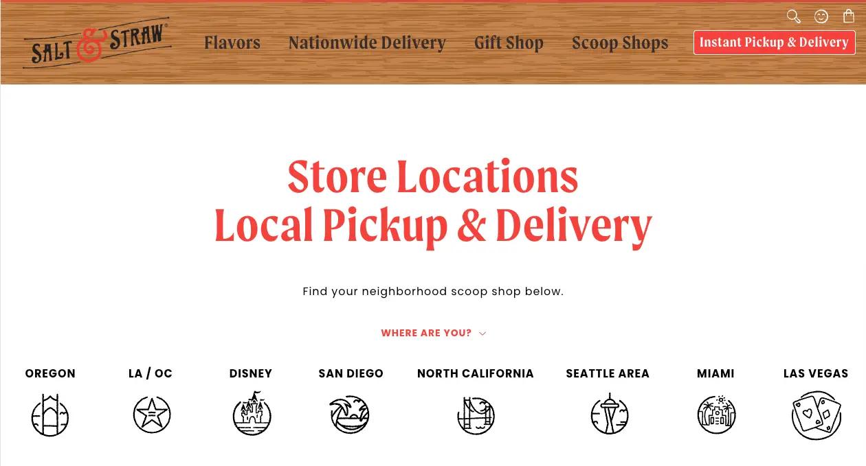 Image shows a footer on Salt & Straw’s page that asks the user to click on the city closes to them.