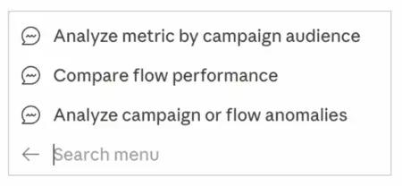 Options for analyzing metrics, comparing flow performance, and analyzing anomalies, with a search menu input field.