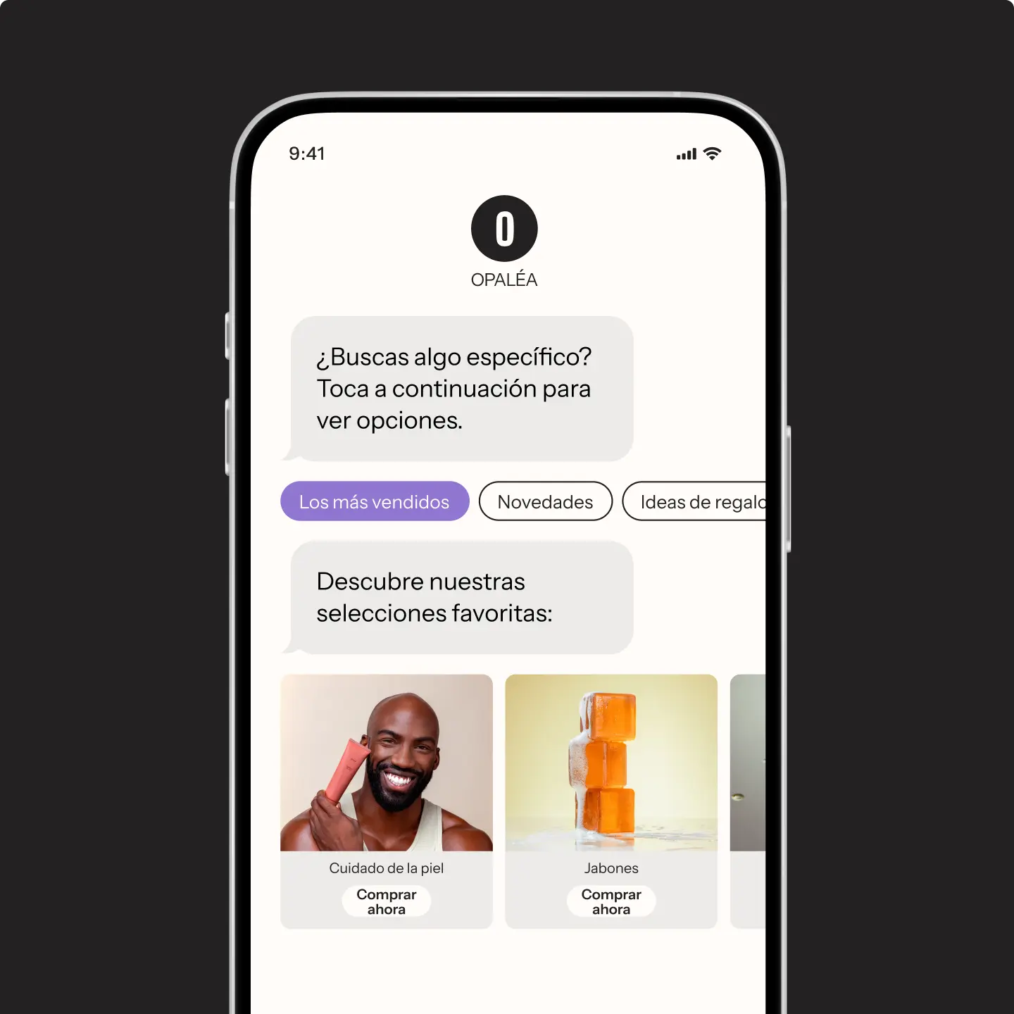 Pantalla de un smartphone mostrando una app de compras llamada OPALÉA, con opciones de productos como cuidado de la piel y jabones.
