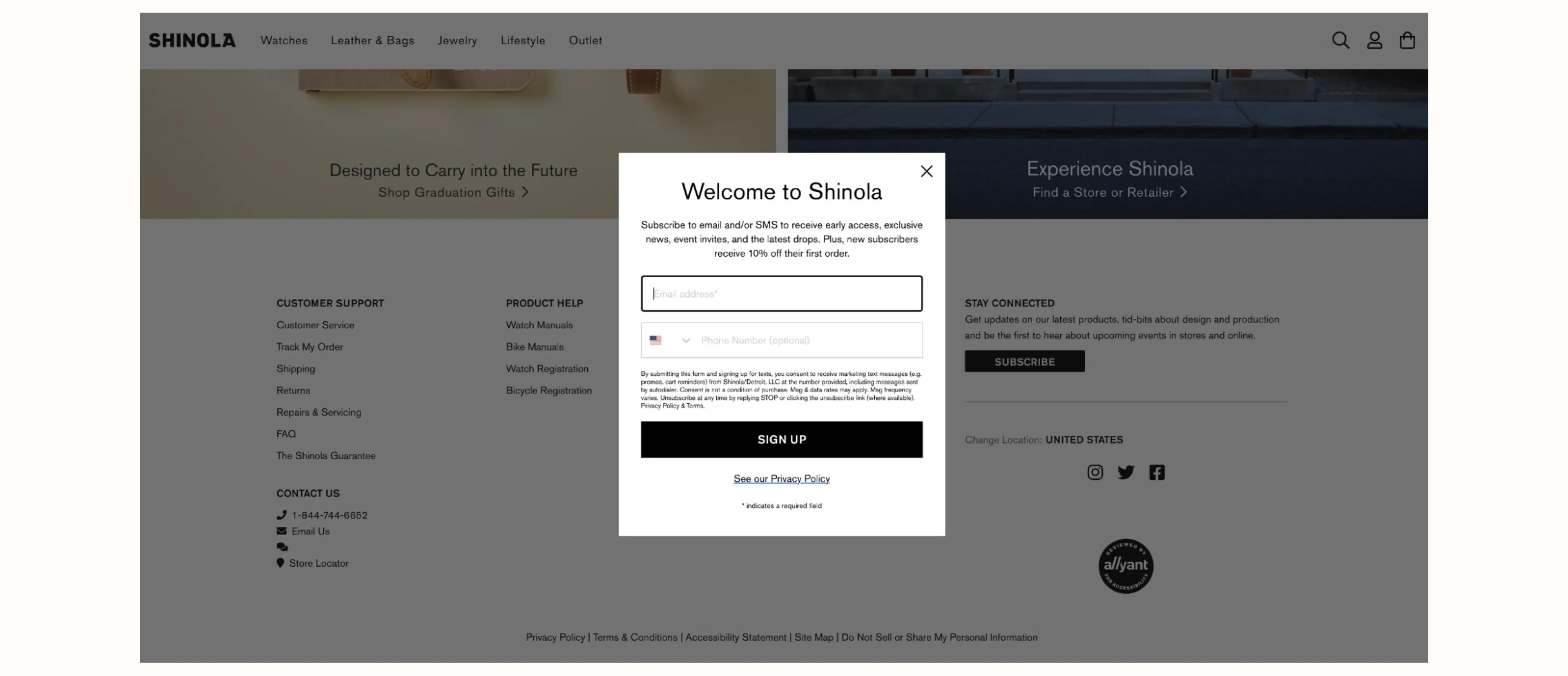 Image shows a text-only sign-up form on the Shinola website. It reads, “Welcome to Shinola. Subscribe to email and/or SMS to receive early access, exclusive news, event invites, and the latest drops. Plus, new subscribers receive 10% off their first order.” Form fields include both email and phone number.