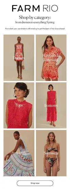 Image shows a marketing email from FARM Rio with 6 different blocks, giving subscribers plenty of reasons to click.