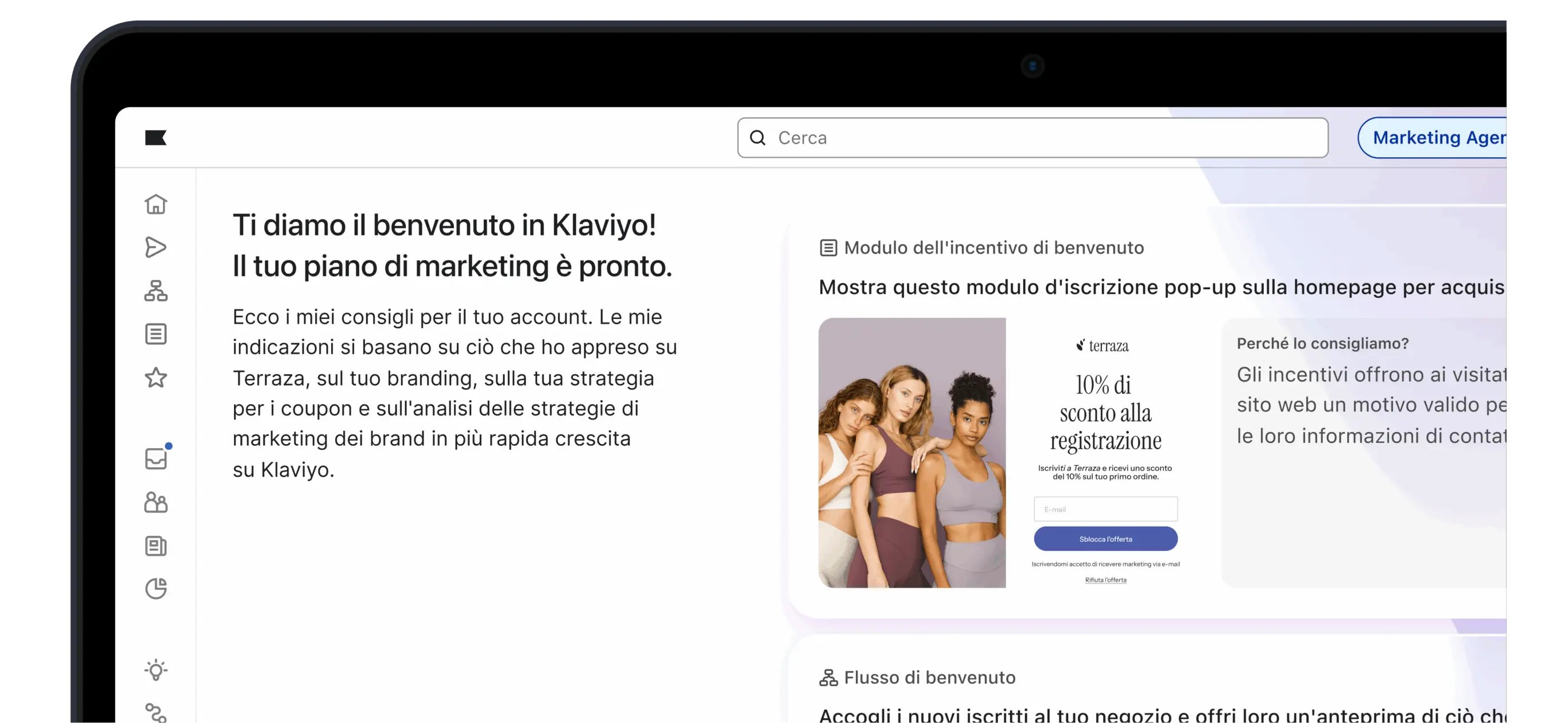 Schermata di Klaviyo con un messaggio di benvenuto e un modulo pop-up per uno sconto del 10% alla registrazione su Terrazza.