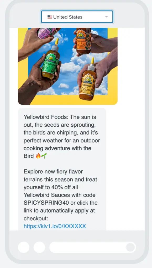 Image shows an SMS message that includes a discount code.