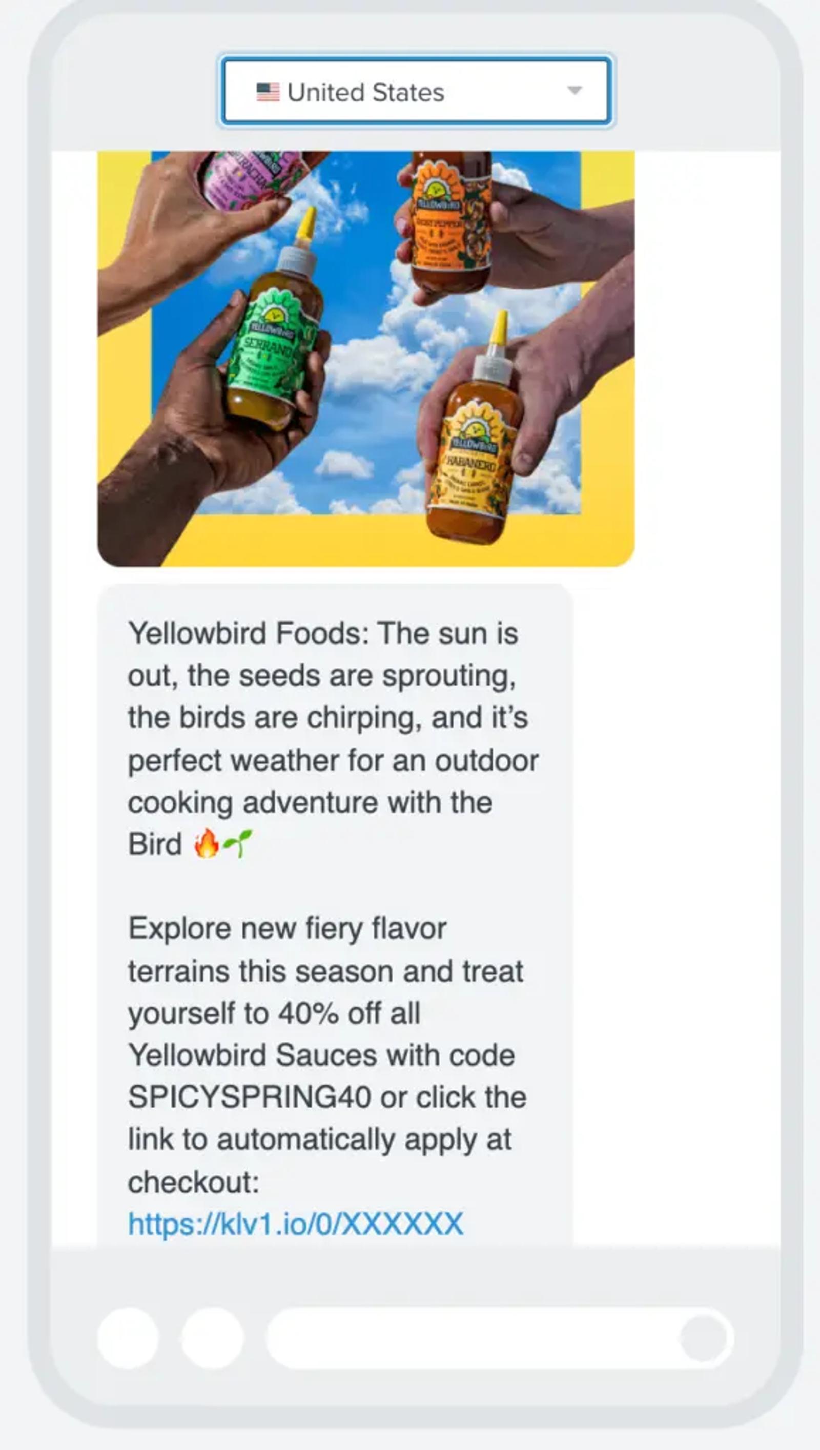 Image shows an SMS message that includes a discount code.