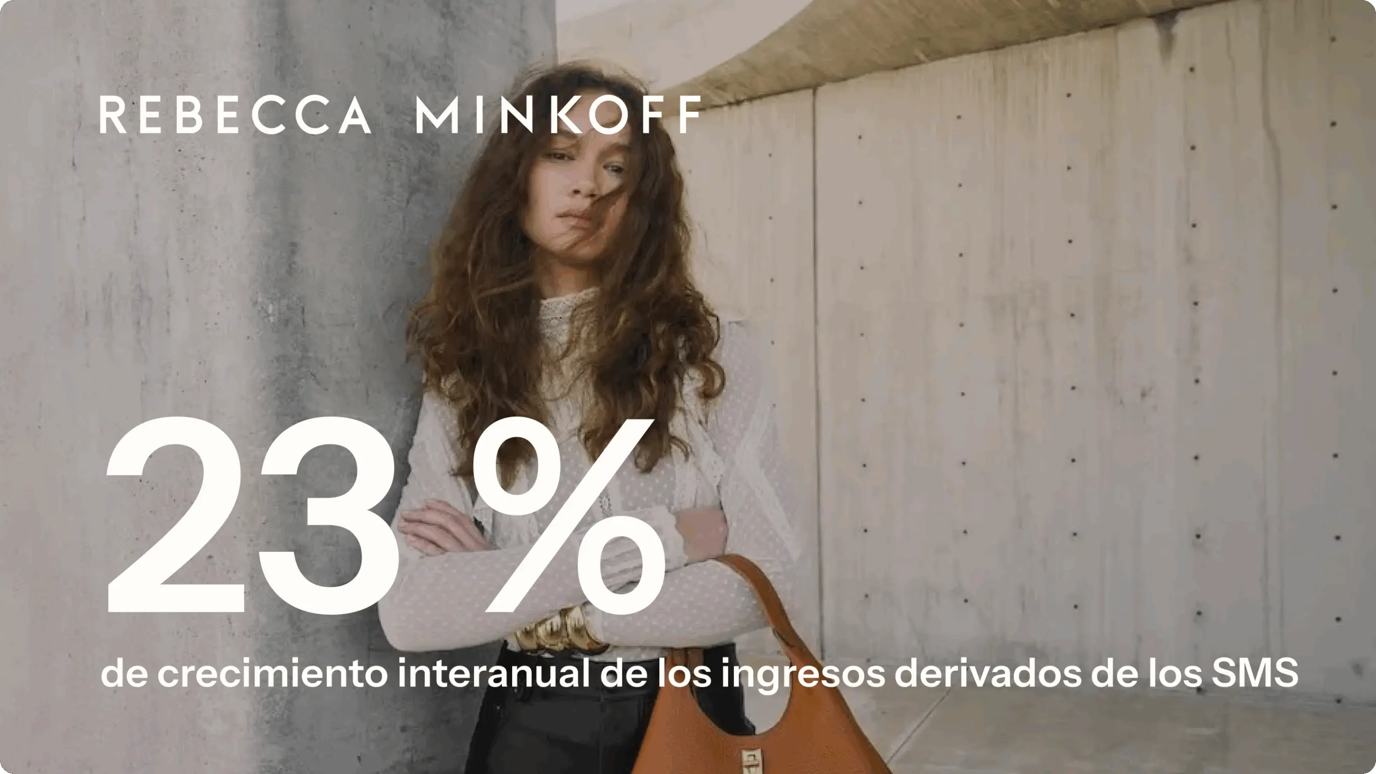 Mujer con cabello suelto, blusa blanca y bolso marrón, junto a texto: "REBECCA MINKOFF 23% de crecimiento interanual de los ingresos derivados de los SMS".