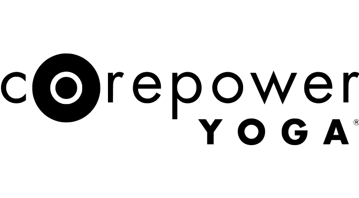 CorePower Yoga charcoal logo with stylized text and circular design.