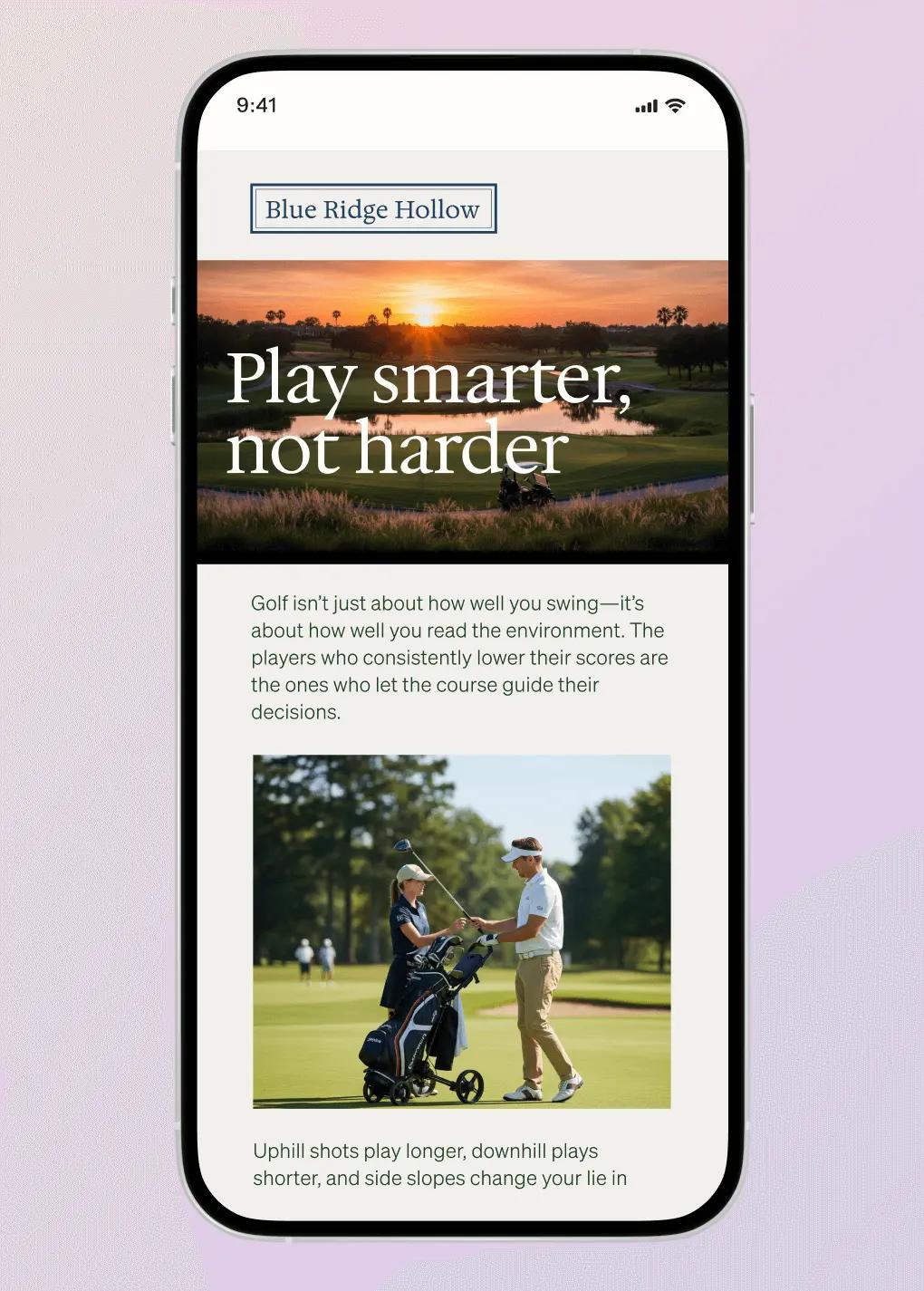 Mobile screen displaying a golf-themed webpage titled "Play smarter, not harder" with a sunset golf course image and text about reading the environment.