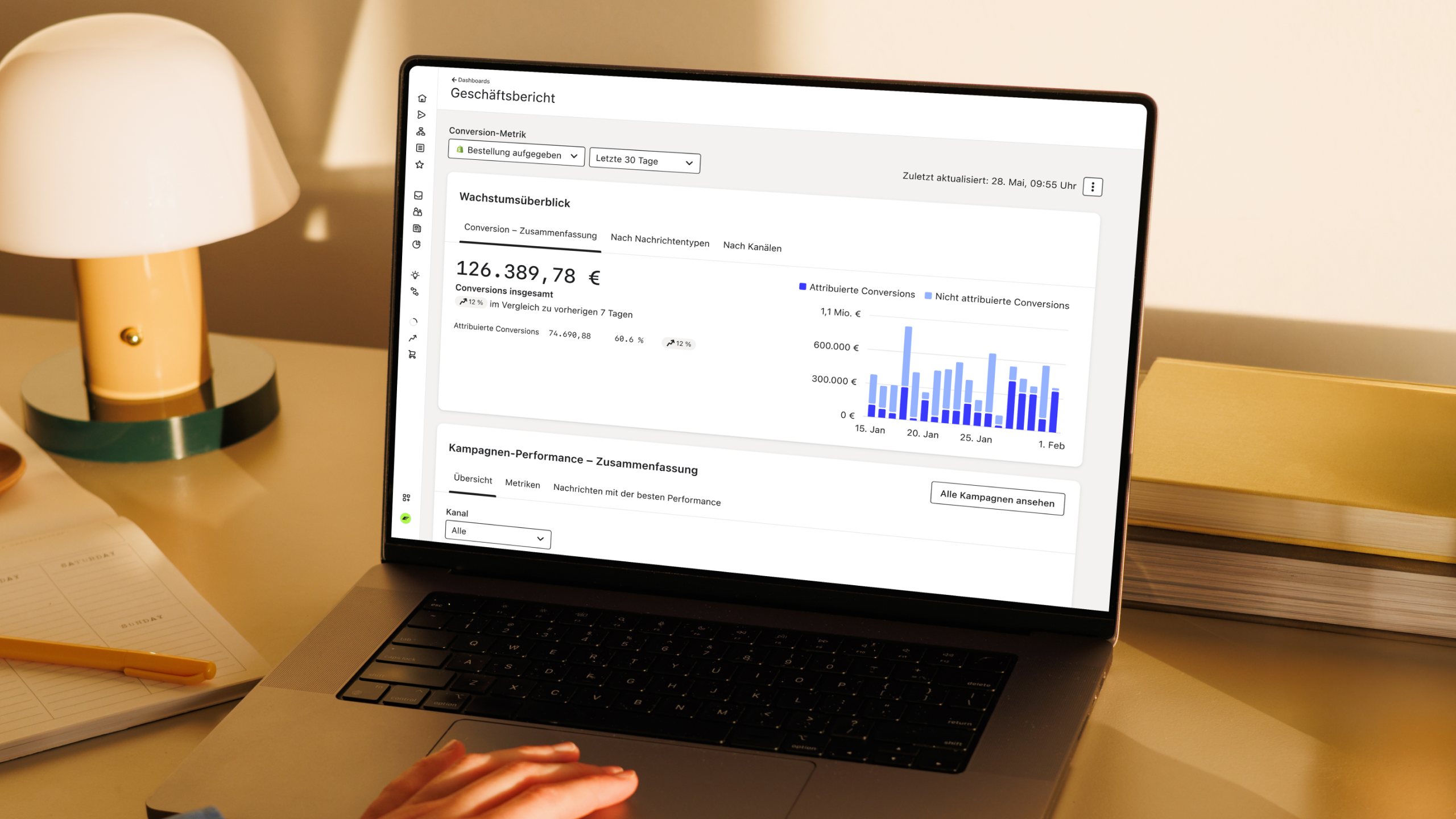 Laptop displaying a business review dashboard with conversion metrics and bar charts on a warmly lit desk.