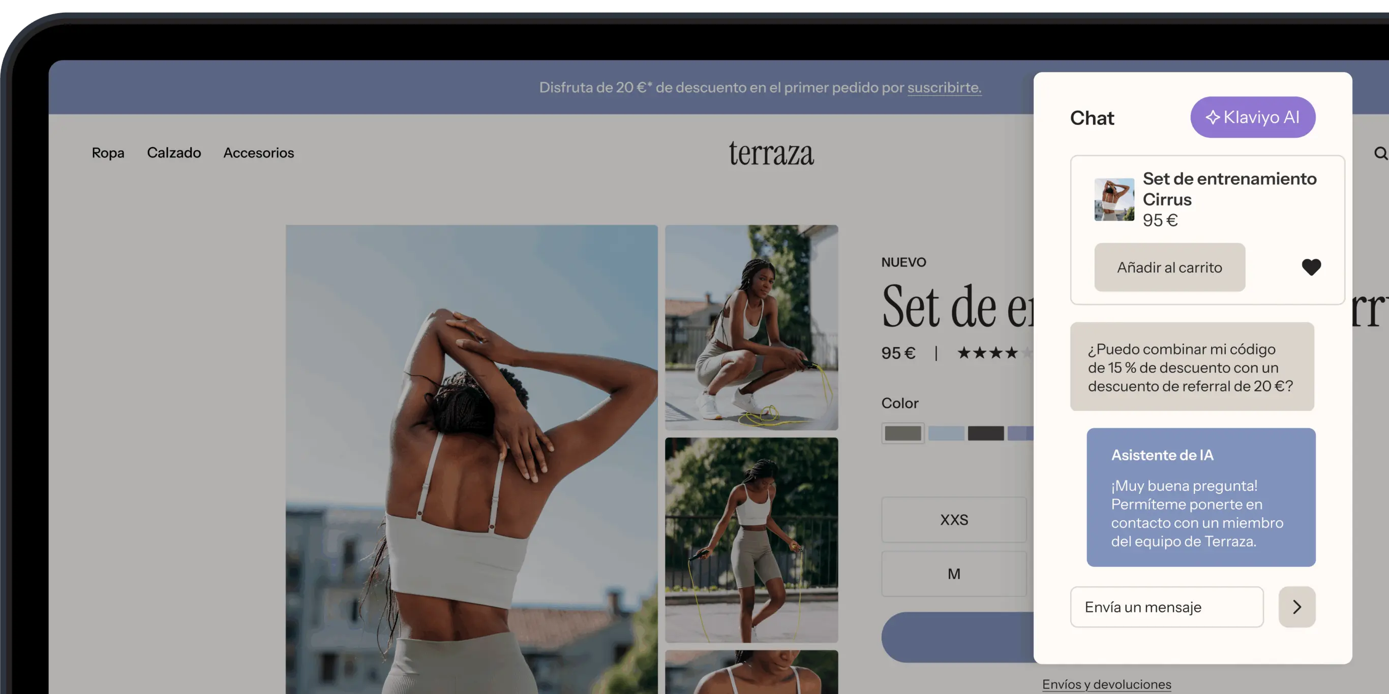 Página web de tienda en línea mostrando un set de entrenamiento llamado "Cirrus" por 95 €. Incluye un chat de asistencia con IA.