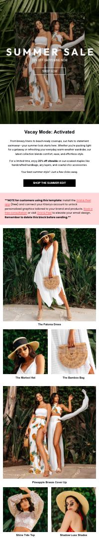 Mode-Newsletter mit Sommerkollektion und Summer Sale. Zu sehen sind zwei Models in sommerlichen Outfits vor tropischem Hintergrund sowie Produktbilder wie Sommerkleider, Hut, Bambustasche und Sonnenbrille.