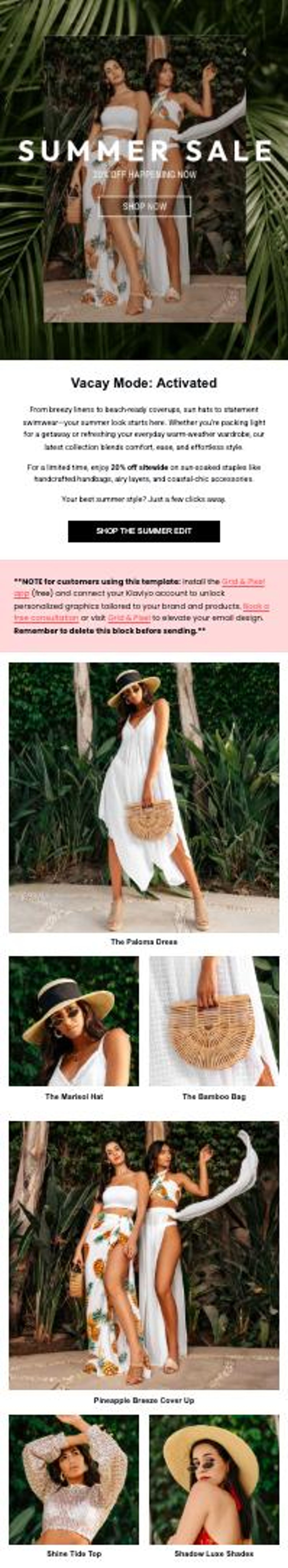 Mode-Newsletter mit Sommerkollektion und Summer Sale. Zu sehen sind zwei Models in sommerlichen Outfits vor tropischem Hintergrund sowie Produktbilder wie Sommerkleider, Hut, Bambustasche und Sonnenbrille.