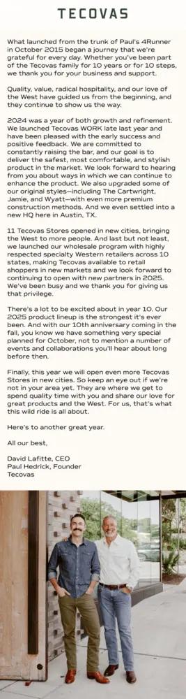 Image shows a text-based email in letter format, before an image of a company founder and a CEO. One founder is a white-bearded person wearing a white dress shirt and jeans, while the other is a black-mustachioed person wearing a jean shirt and olive green pants.