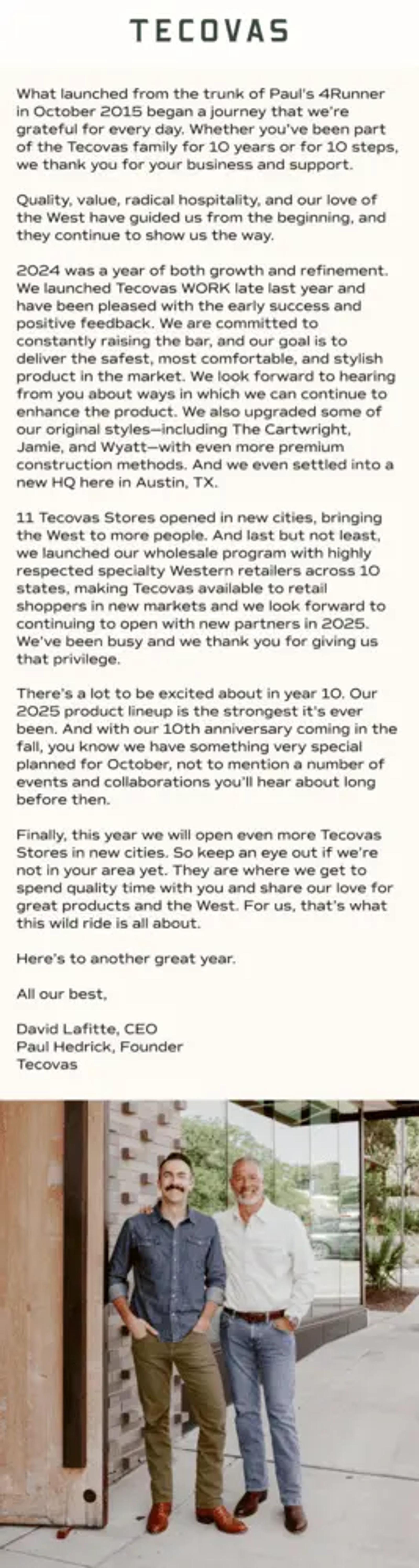 Image shows a text-based email in letter format, before an image of a company founder and a CEO. One founder is a white-bearded person wearing a white dress shirt and jeans, while the other is a black-mustachioed person wearing a jean shirt and olive green pants.