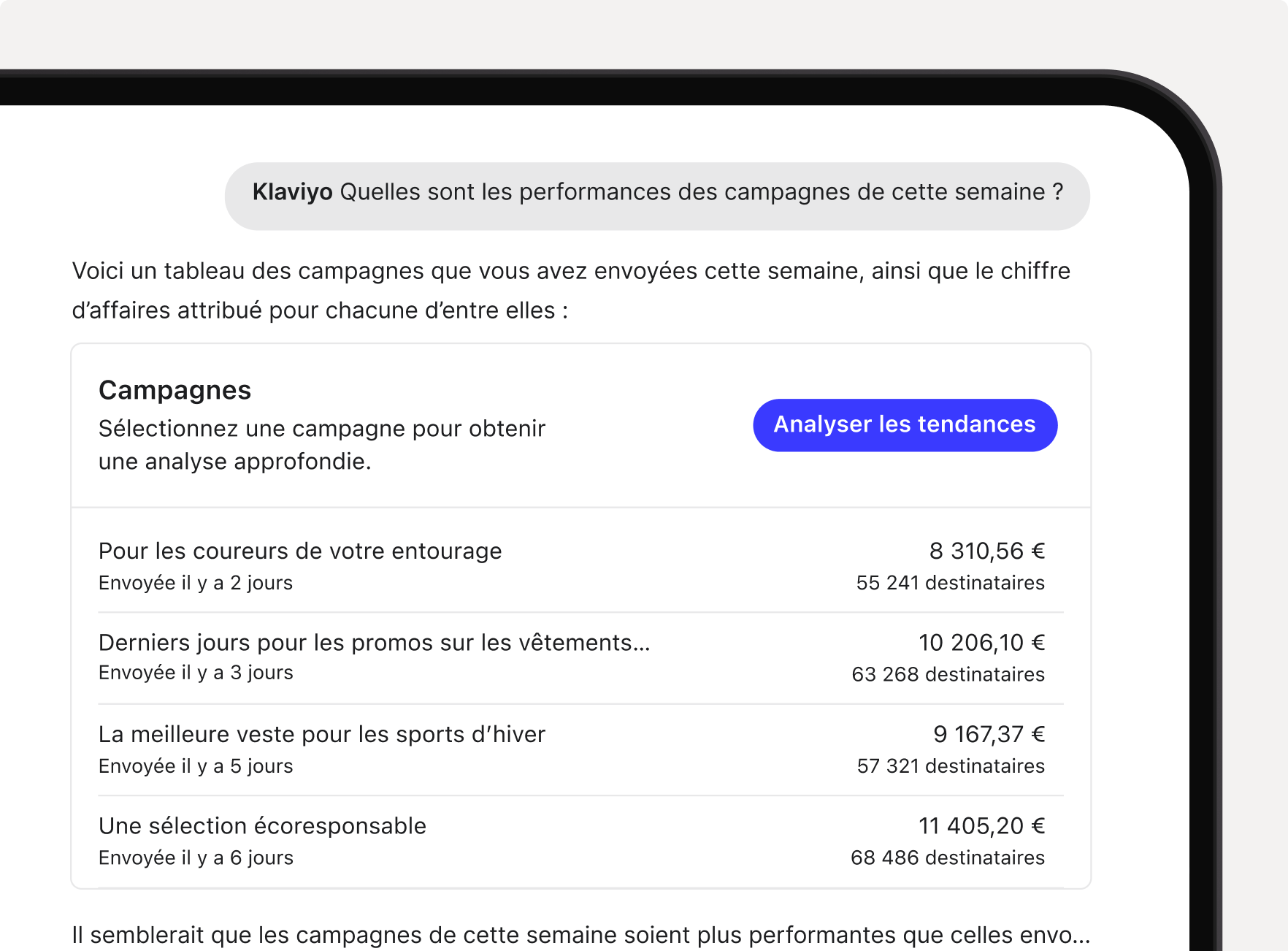 Mobile screen displaying a Klaviyo campaign performance report, listing campaigns with their revenue and recipient counts, and an "Analyze trends" button.