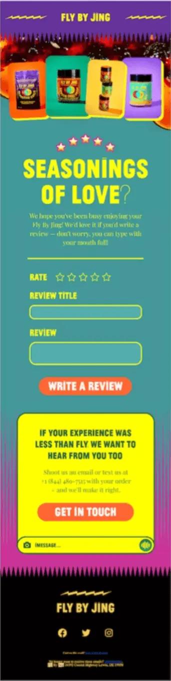 Image shows a post-purchase email from Fly by Jing