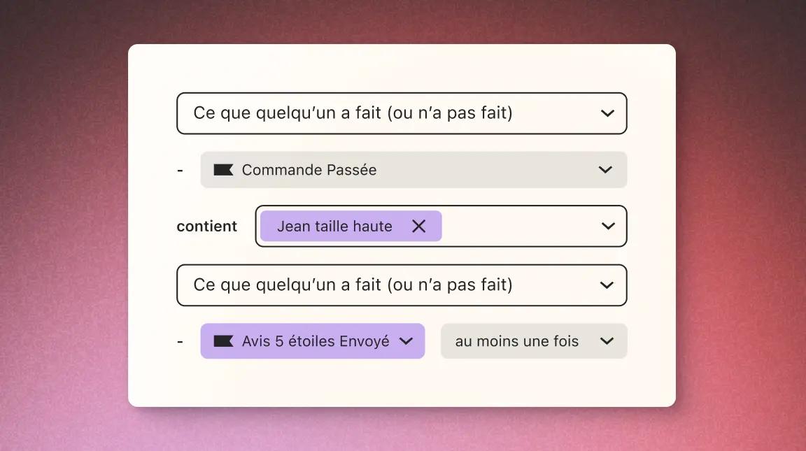 Interface utilisateur montrant des filtres de commande et d'avis, incluant "Commande Passée" et "Avis 5 étoiles Envoyé".