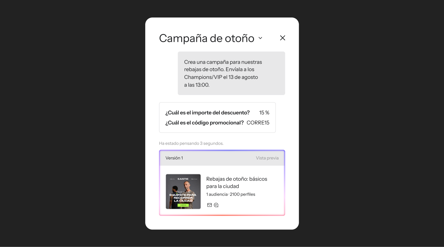 A user interface for creating an "Autumn Campaign," showing campaign details, discount, promo code, and a preview of the campaign content.