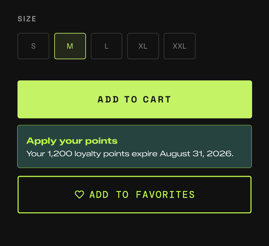 UI showing size selection (M selected), Add to Cart button, loyalty points, and Add to Favorites button.