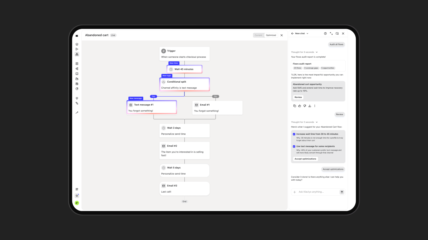 A tablet screen displaying an "Abandoned cart" workflow on the left and an AI chat interface with optimization suggestions on the right.