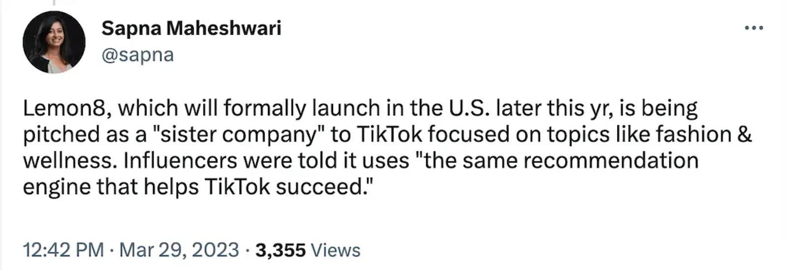 Image shows a Tweet by Sapna Maheshwari that offers Lemon8 as having similar benefits to TikTok.