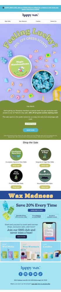 Image of a Happy Wax St. Patrick's Day email with the headline, “Feeling Lucky?” promoting 20% off green scents with code STPATS24. The image features a pile of blue magic marshmallow wax melts surrounded by colorful cereal pieces, plus a product selection including eucalyptus spearmint, seagrass and sage, pine forest, and moonshadow wax melts on playful background with rainbow graphics.