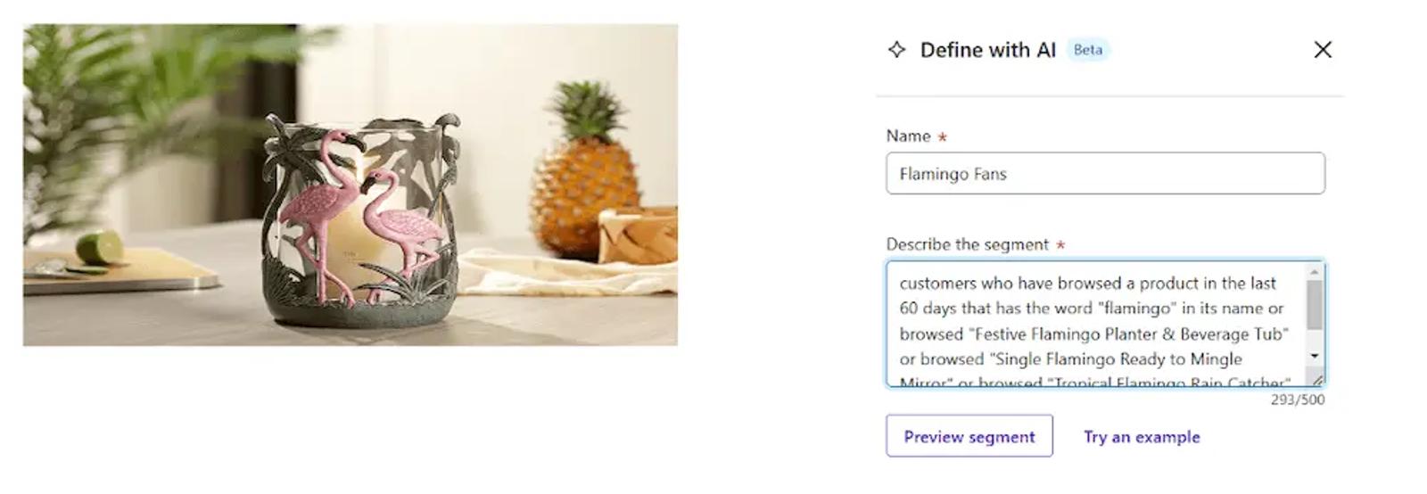 Image shows a candleholder with flamingos on it on the left. On the right is a Klaviyo product shot, showing how the author created a dynamic segment personalizing folks who’d browsed flamingo-themed items.