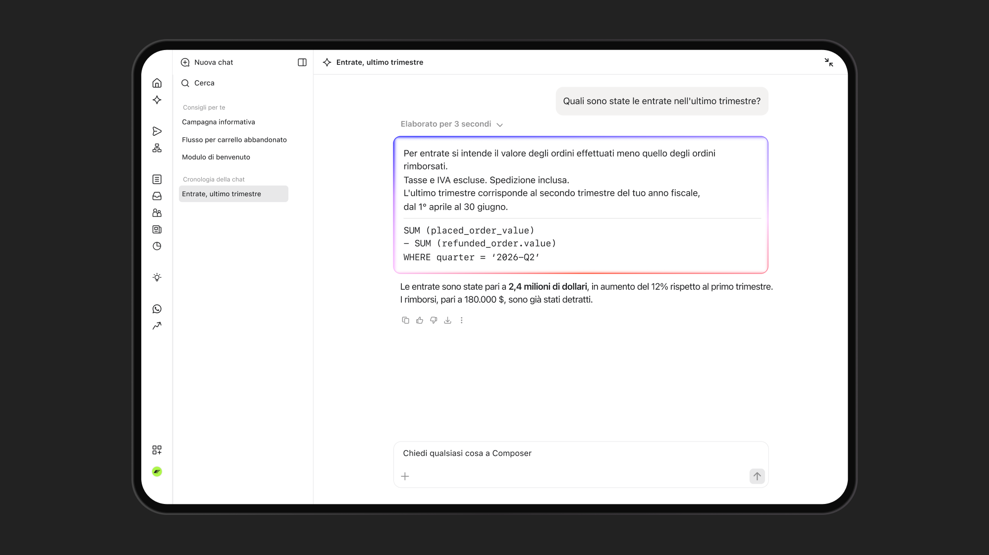 Tablet displaying an AI chat in Italian, querying last quarter's revenues and showing the answer: $2.4 million, up 12%.