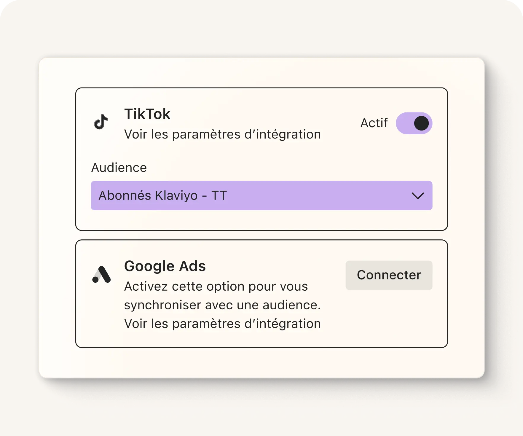 Paramètres d'intégration pour TikTok et Google Ads, avec options d'audience et bouton de connexion.
