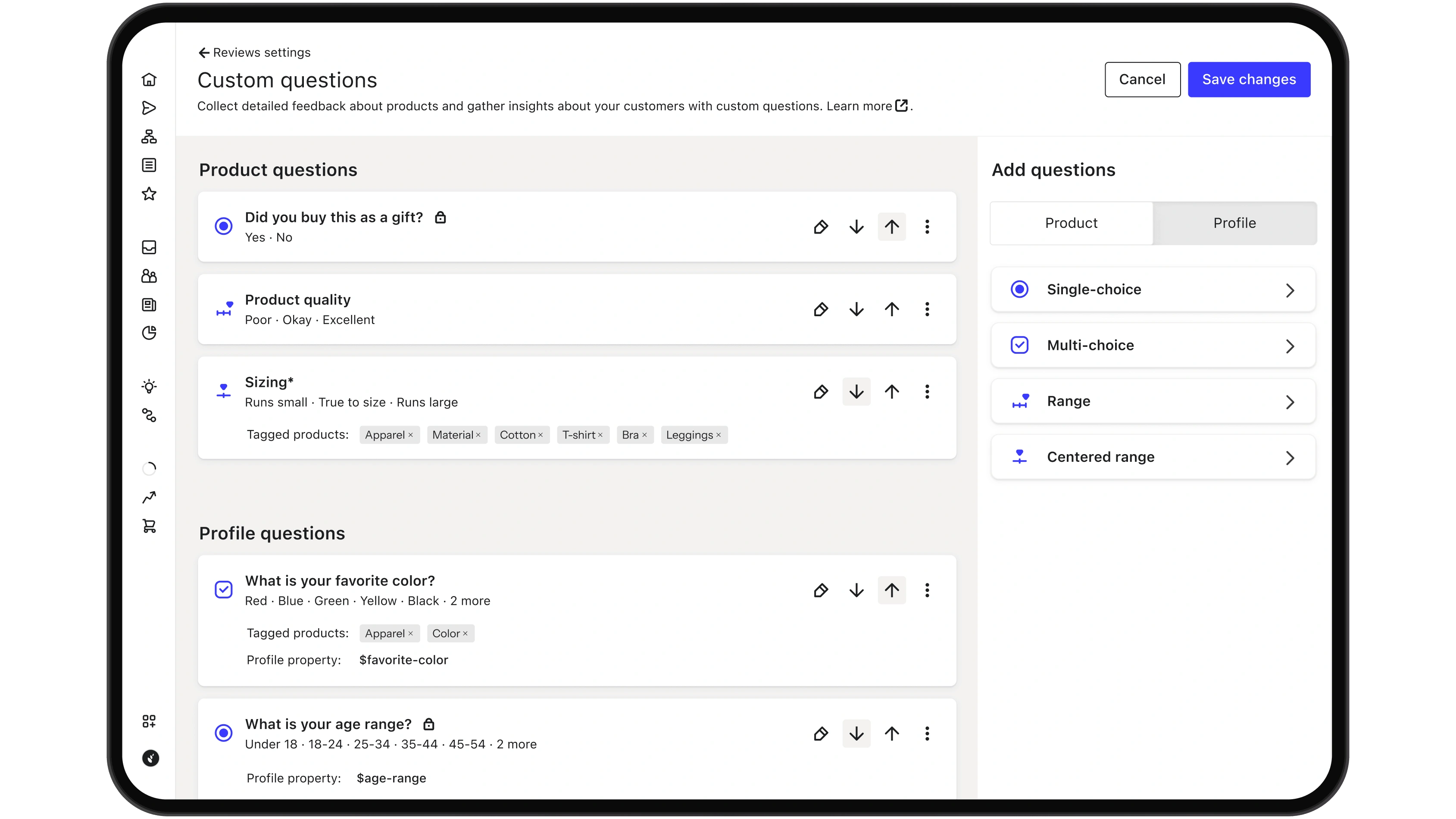 Custom questions settings page with product and profile questions, reorder controls, and question type options.