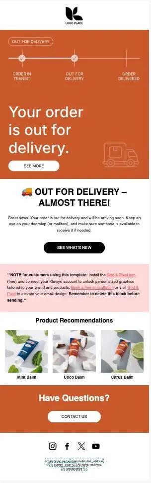 Bestätigungs-E-Mail-Vorlage für Versandbenachrichtigung mit Lieferstatus, Produktvorschlägen (Mint Balm, Coco Balm, Citrus Balm) und Kontaktoptionen.
