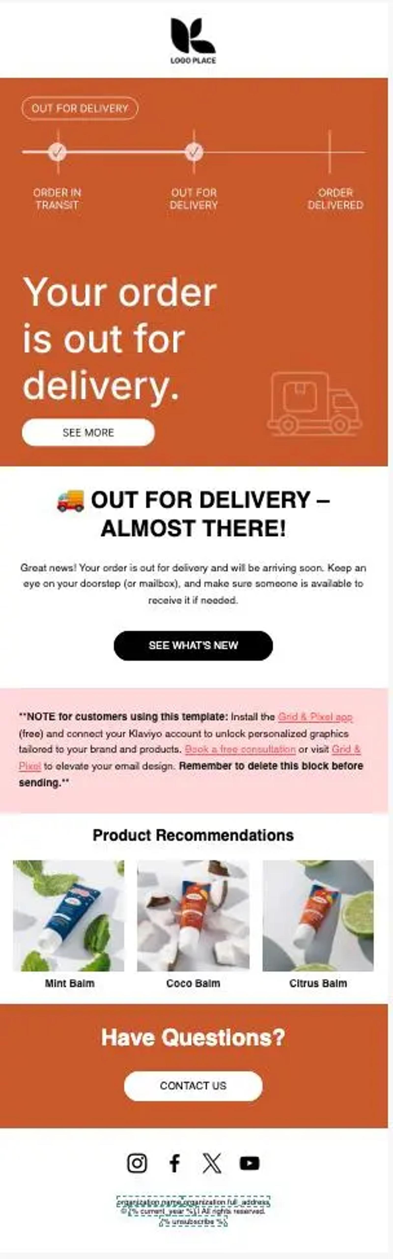 Bestätigungs-E-Mail-Vorlage für Versandbenachrichtigung mit Lieferstatus, Produktvorschlägen (Mint Balm, Coco Balm, Citrus Balm) und Kontaktoptionen.