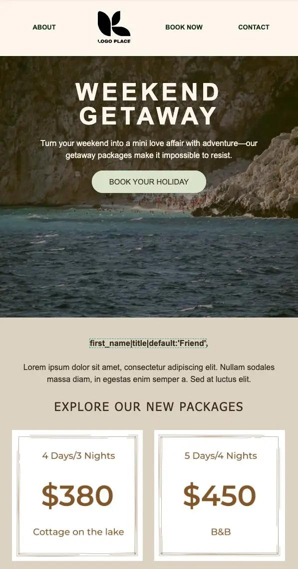 Wochenendausflug-Angebot mit Küstenbild, Buchungsbutton und zwei Paketen: 4 Tage/3 Nächte für $380 und 5 Tage/4 Nächte für $450.
