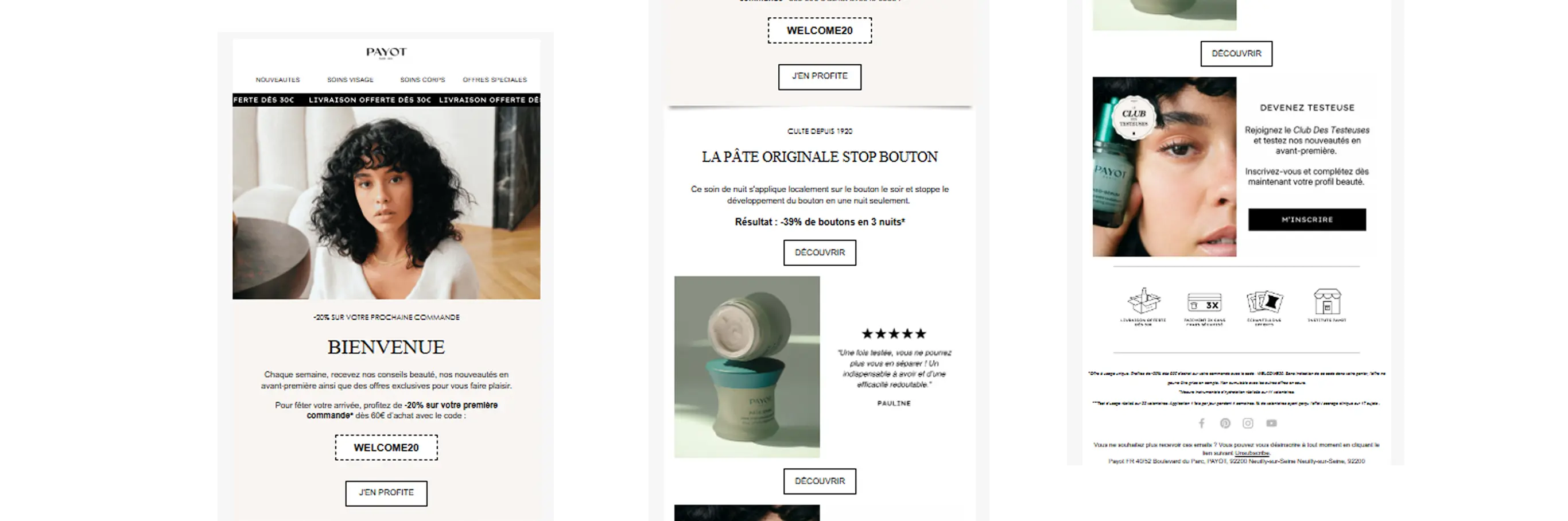 E-mail de bienvenue de Payot mettant en avant une offre de -20 %, un code promo, un produit anti-imperfections phare, un témoignage client, et un appel à rejoindre le programme « Club des Testeuses ».