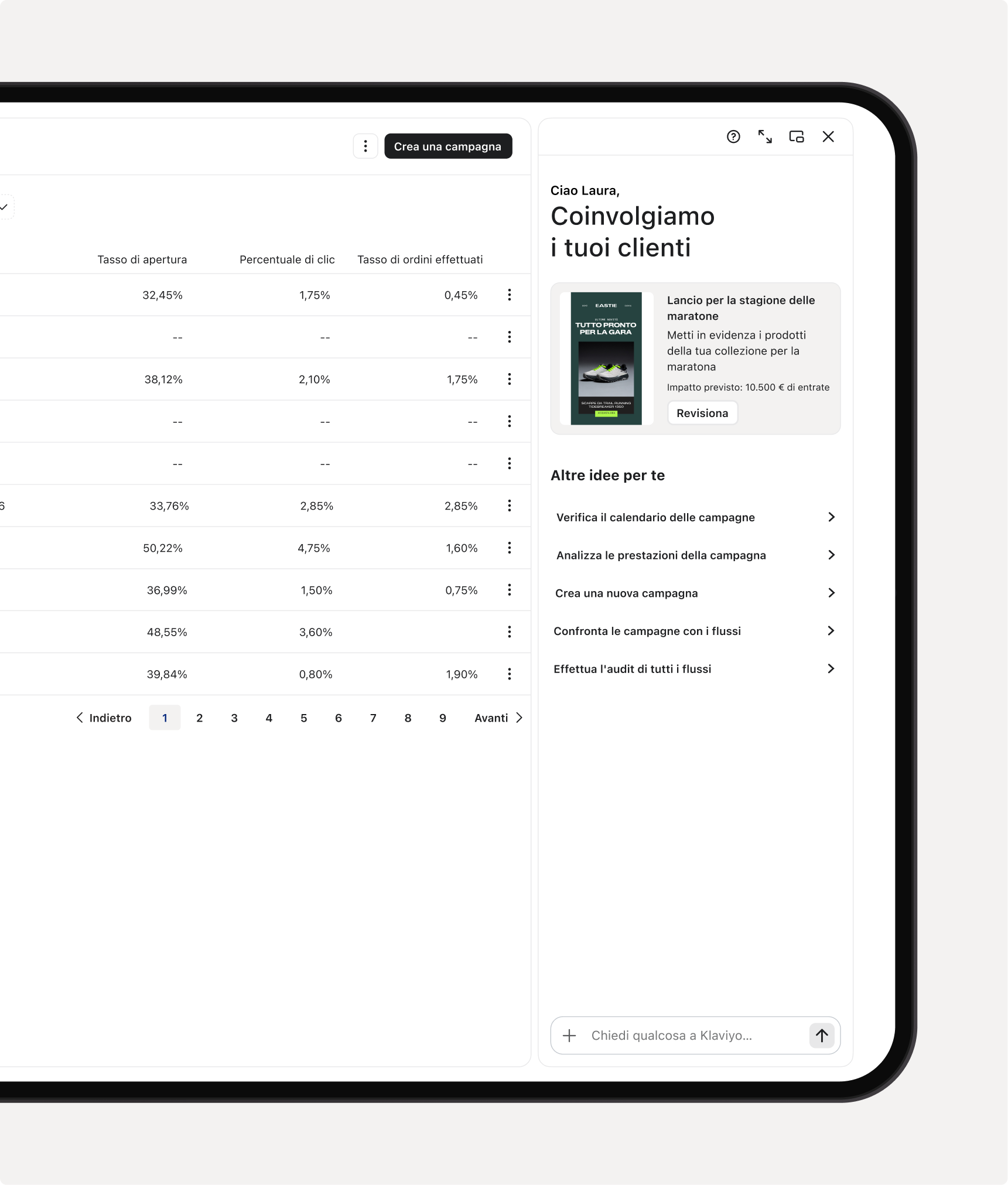 A tablet displaying a marketing dashboard with campaign performance metrics and personalized campaign suggestions.