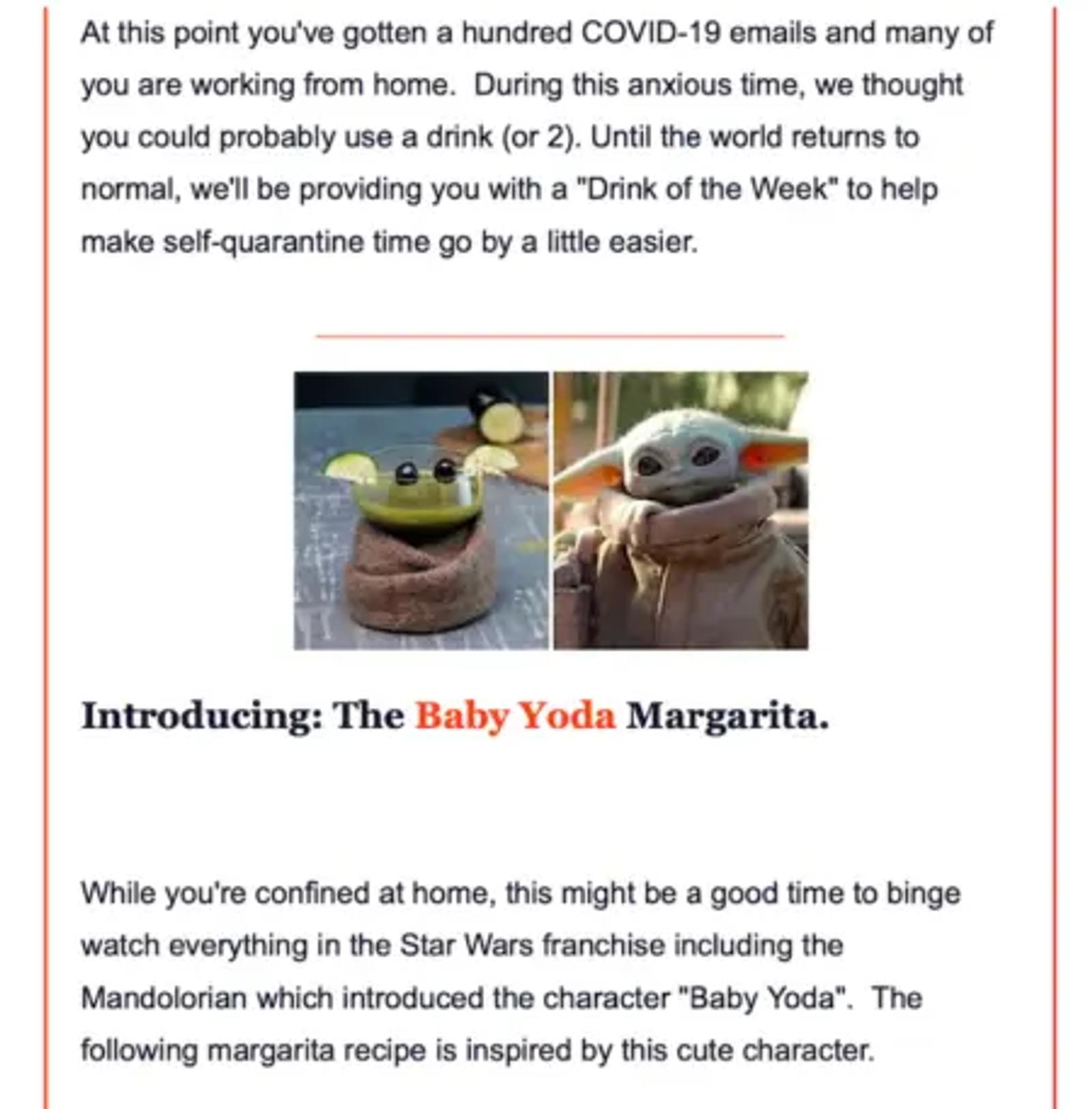 Host Events suggests subscribers make a Baby Yoda Margarita.