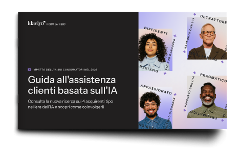 Cover of a Klaviyo guide about AI-based customer service, featuring four portraits representing different buyer types: Skeptical, Detractor, Enthusiast, and Pragmatic.