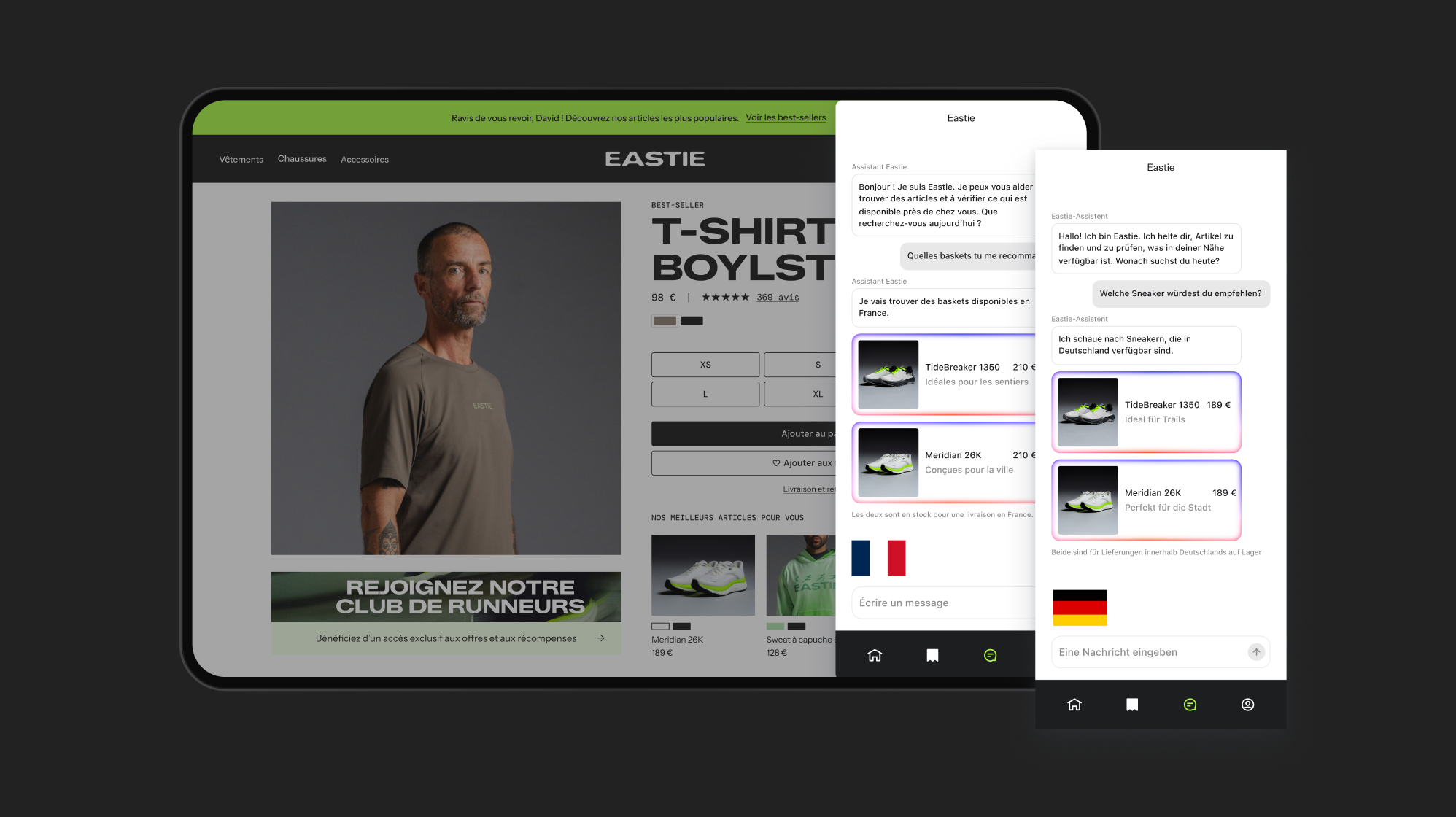 Eastie e-commerce site on a tablet, with two phone screens showing a multilingual AI chatbot recommending sneakers.