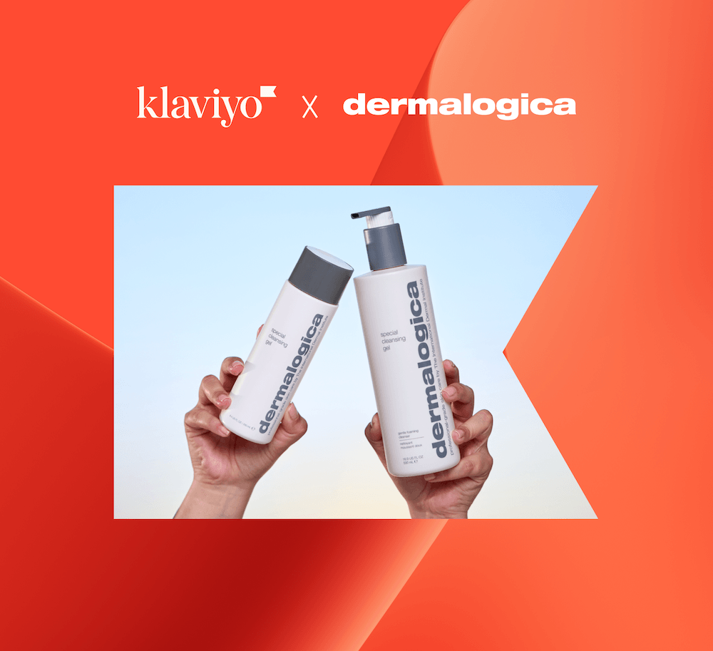 Klaviyo and Dermalogica logos above hands holding Dermalogica Special Cleansing Oil and Gel.
