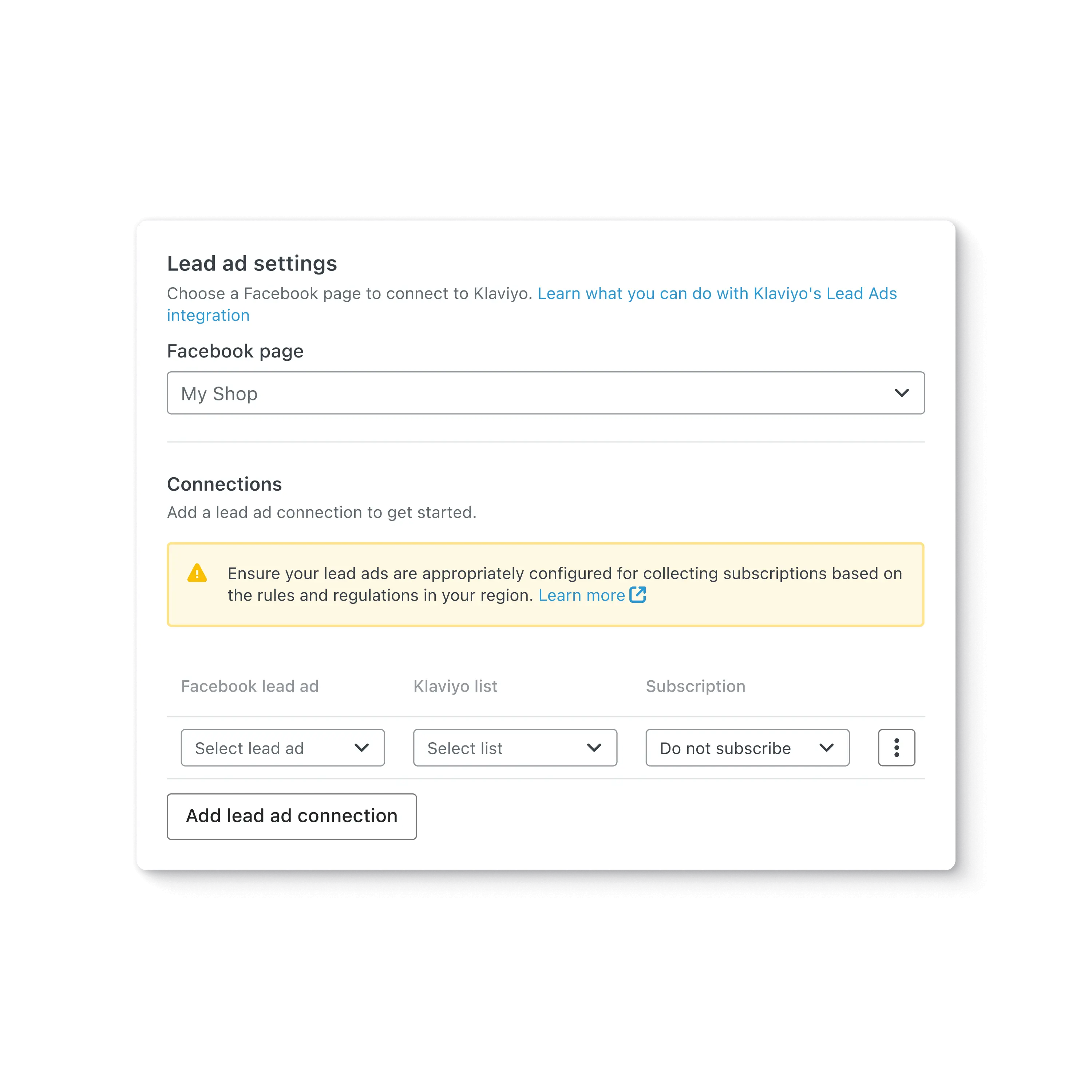 Klaviyo screen showing Lead Ad settings for Facebook.